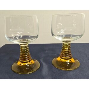 Vintage German Roemer Wine Glasses Amber Beehive Stem Vtg. Set of 2